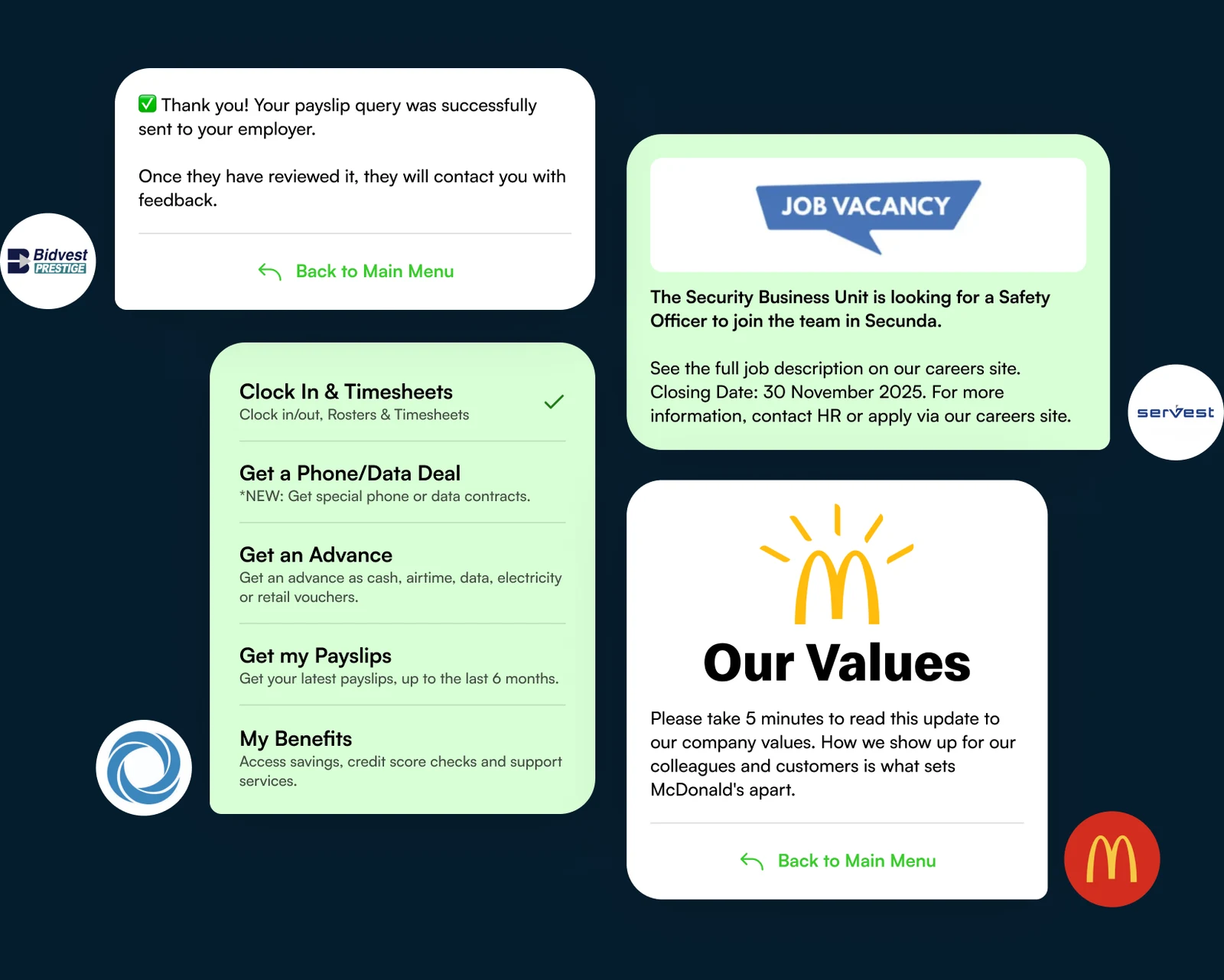 Five WhatsApp cards from Jem, each under a client's own branding: a payslip query confirmed as sent to the employer, a Jem menu offering clock-in and timesheets, a phone or data deal, an advance, payslips and benefits, a Servest job vacancy for a safety officer in Secunda, and a McDonald's broadcast asking staff to read an update to the company values.