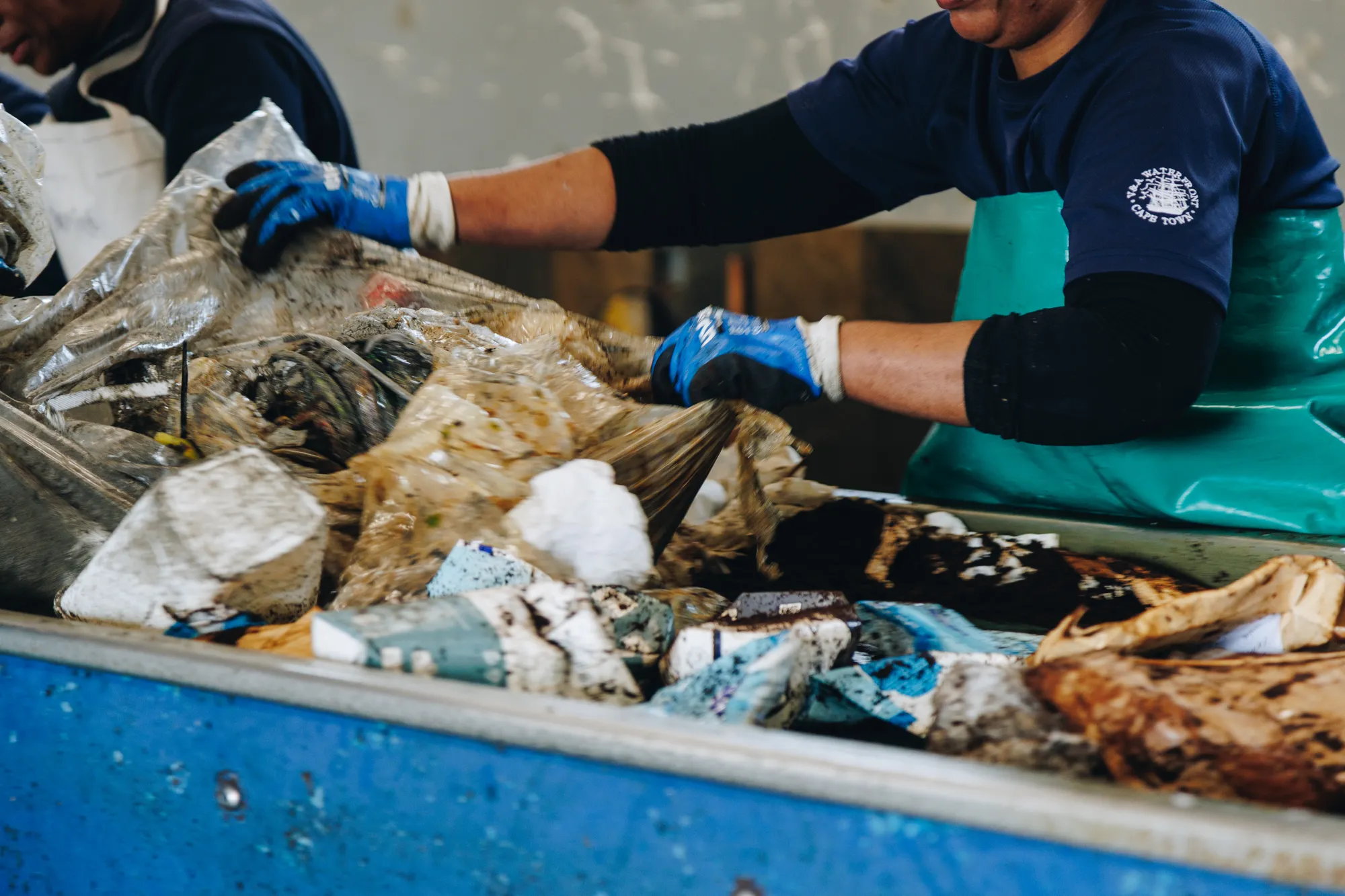 Close-up of two sorters' blue-gloved hands working through mixed recyclables on a blue sorting belt