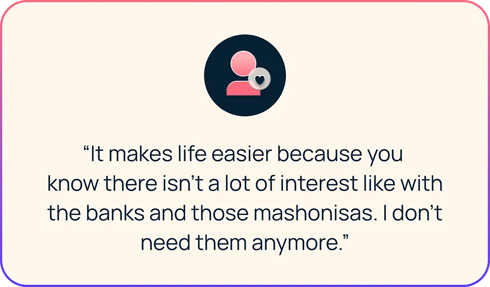 Employee quote: “It makes life easier because you know there isn’t a lot of interest like with the banks and those mashonisas. I don’t need them anymore.”