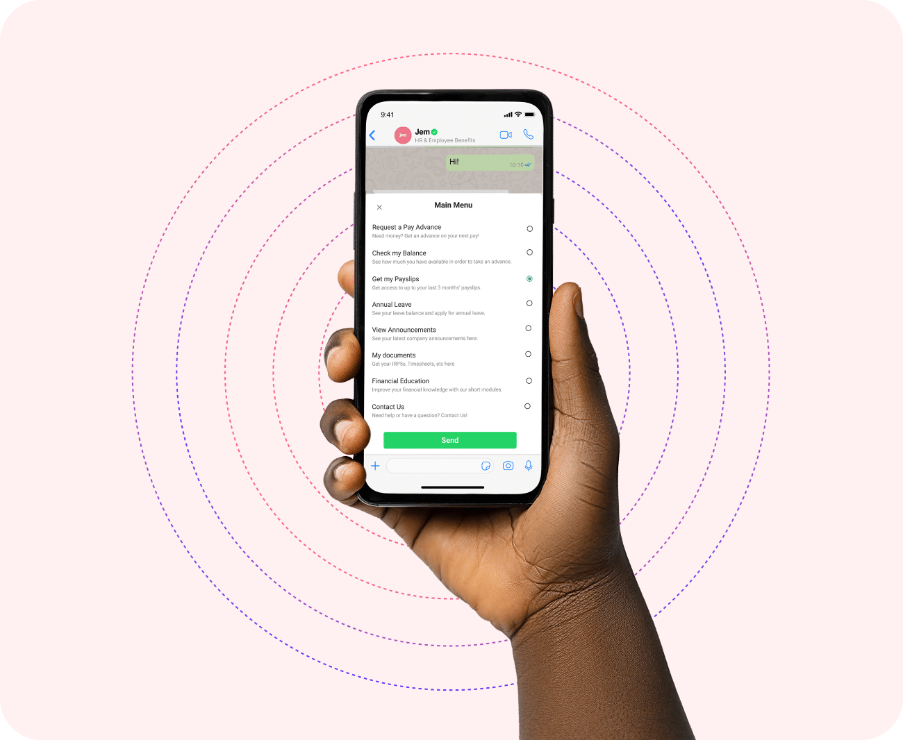 A hand holding a phone showing Jem’s WhatsApp main menu: request a pay advance, check my balance, get my payslips, annual leave, view announcements, my documents, financial education and contact us.