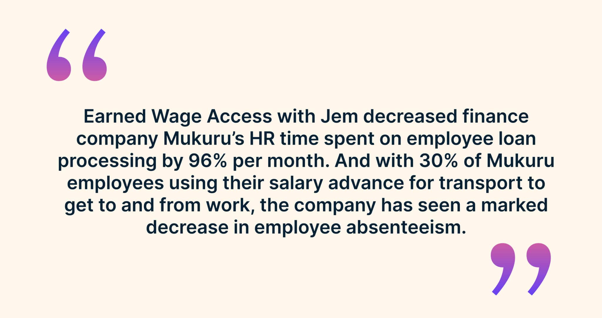 Pull quote: Earned Wage Access with Jem cut finance company Mukuru’s HR time on employee loan processing by 96% a month, and with 30% of employees using their advance for transport to work, absenteeism fell markedly.