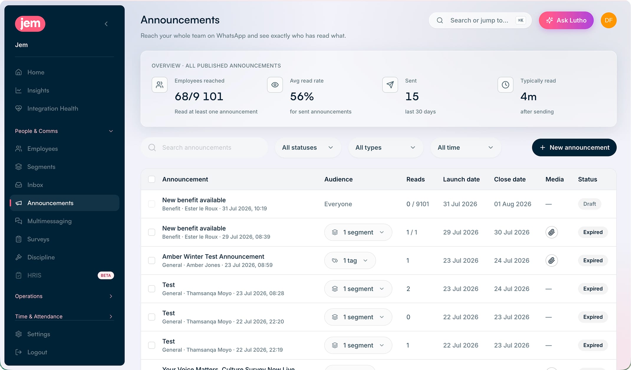 The Jem Hub's Announcements dashboard, showing employees reached, average read rate and a list of sent announcements with their audiences