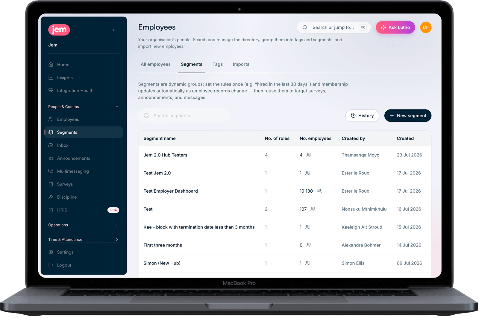 The Jem Hub on a laptop, showing the Employees screen with workforce segments listed and how many people are in each