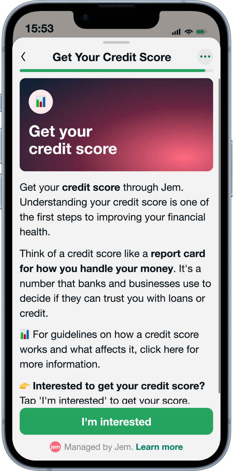 An employee viewing their credit score result on WhatsApp