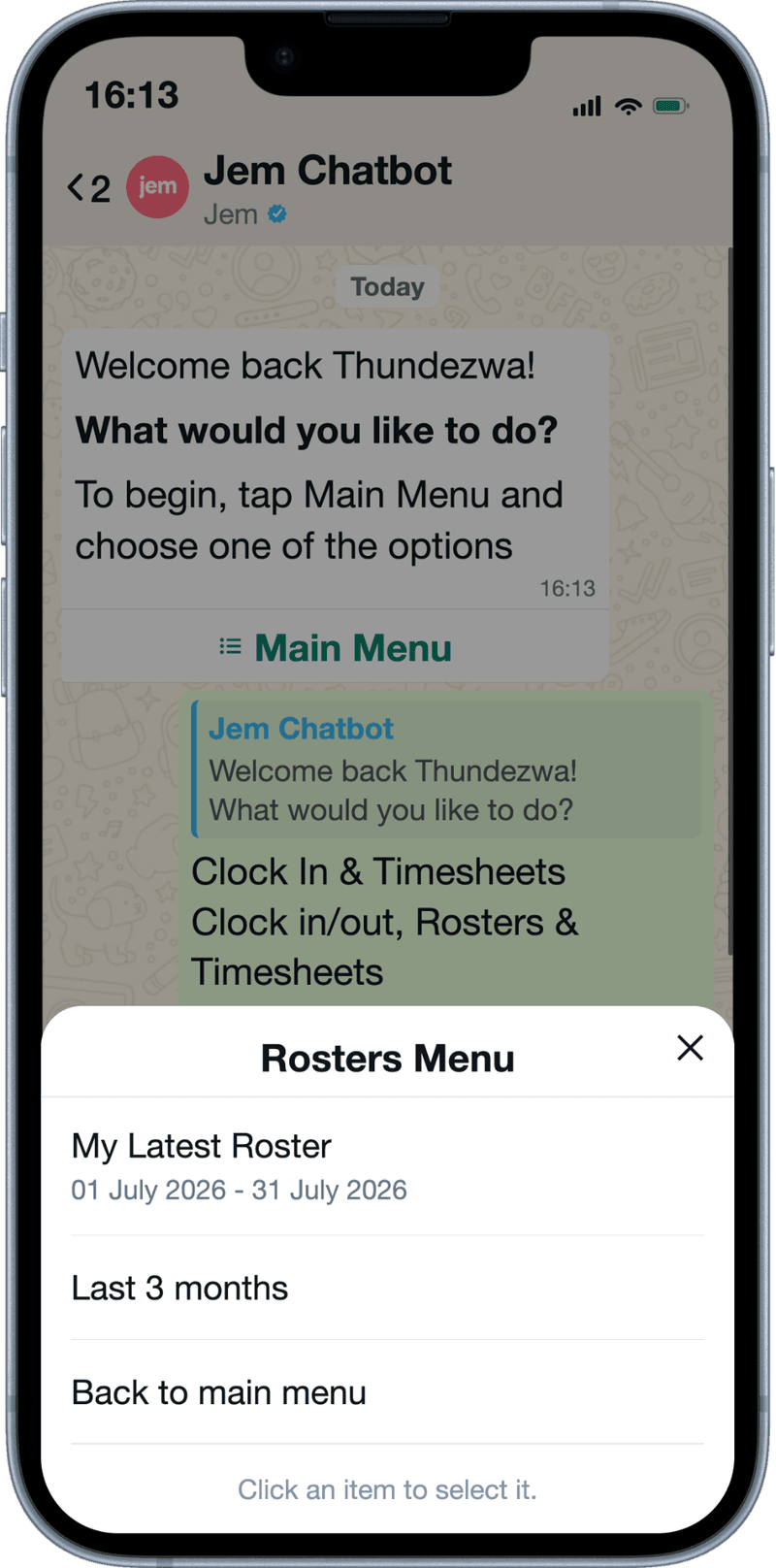 A WhatsApp chat with the Jem Chatbot open on a phone, showing the Rosters Menu with a roster period ready to view