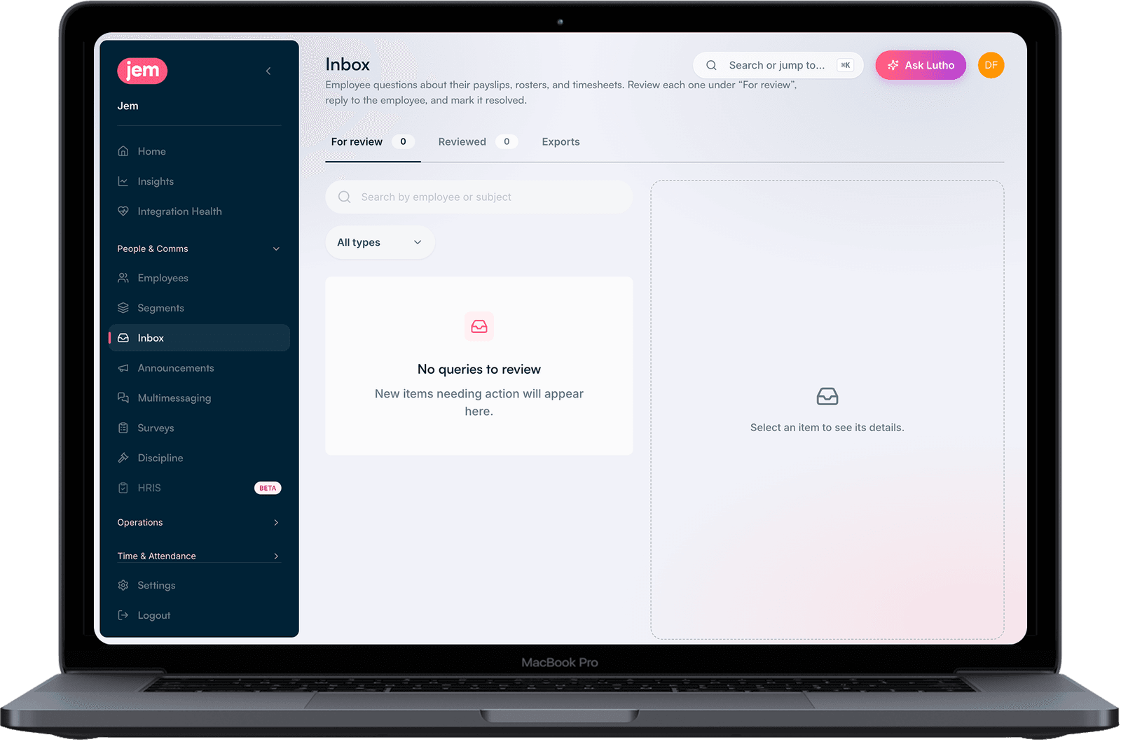The Jem Hub Inbox on a laptop, listing employee questions about payslips, rosters and timesheets for review, reply and resolution