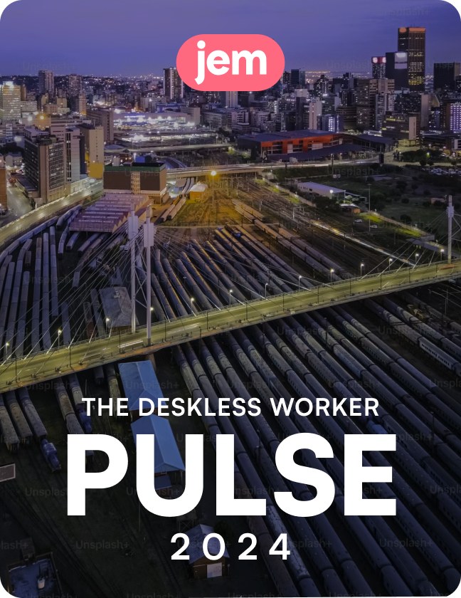 The Deskless Worker Pulse 2024 report cover, an aerial night photograph of a Johannesburg rail yard