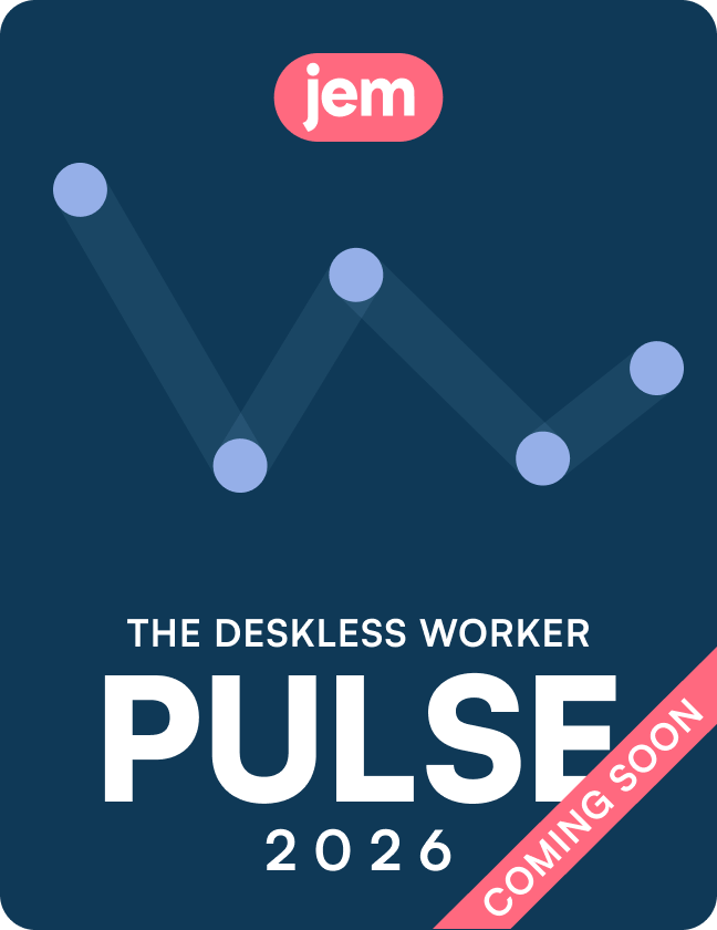 The Deskless Worker Pulse 2026 report cover, a rising and falling line of blue dots on navy