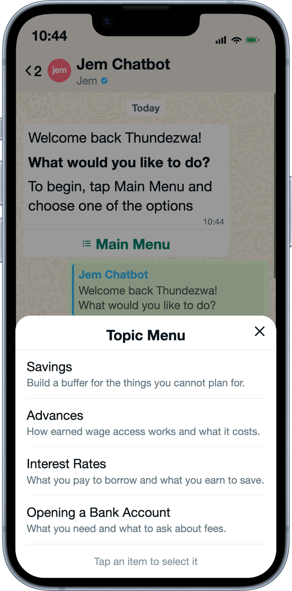 The Jem chatbot on WhatsApp showing a Topic Menu with Savings, Advances, Interest Rates and Opening a Bank Account listed