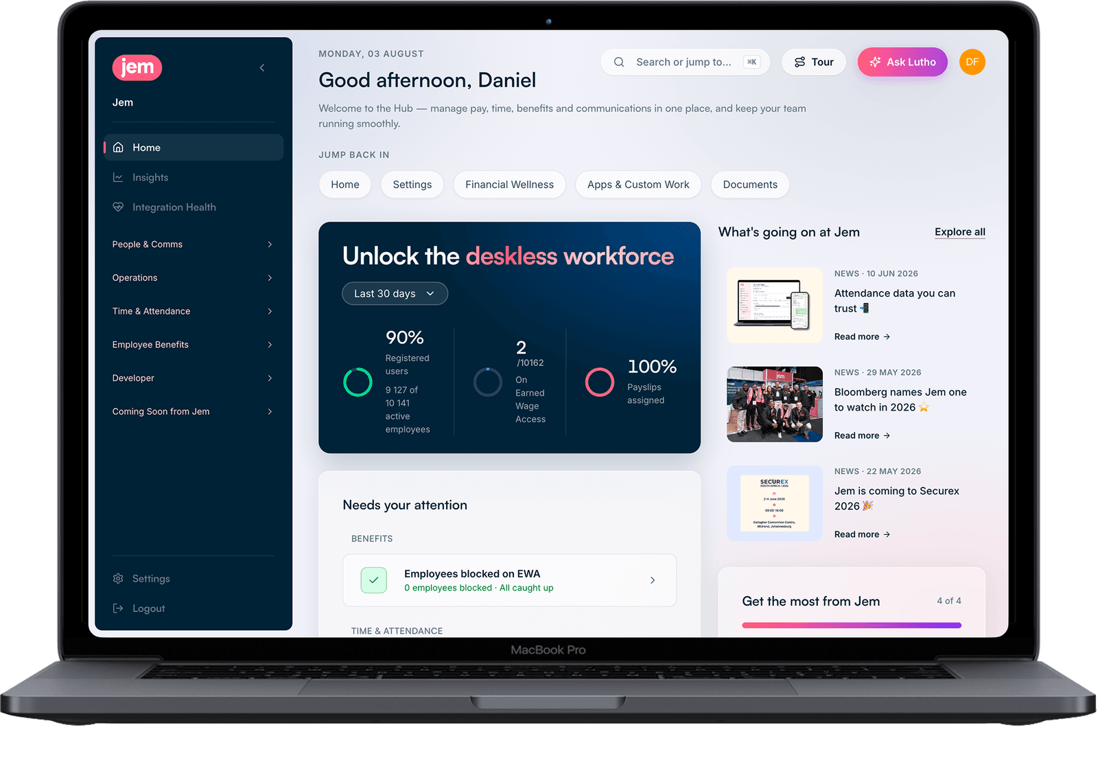 The Jem Hub home screen on a laptop, showing workforce adoption figures and a list of things needing attention