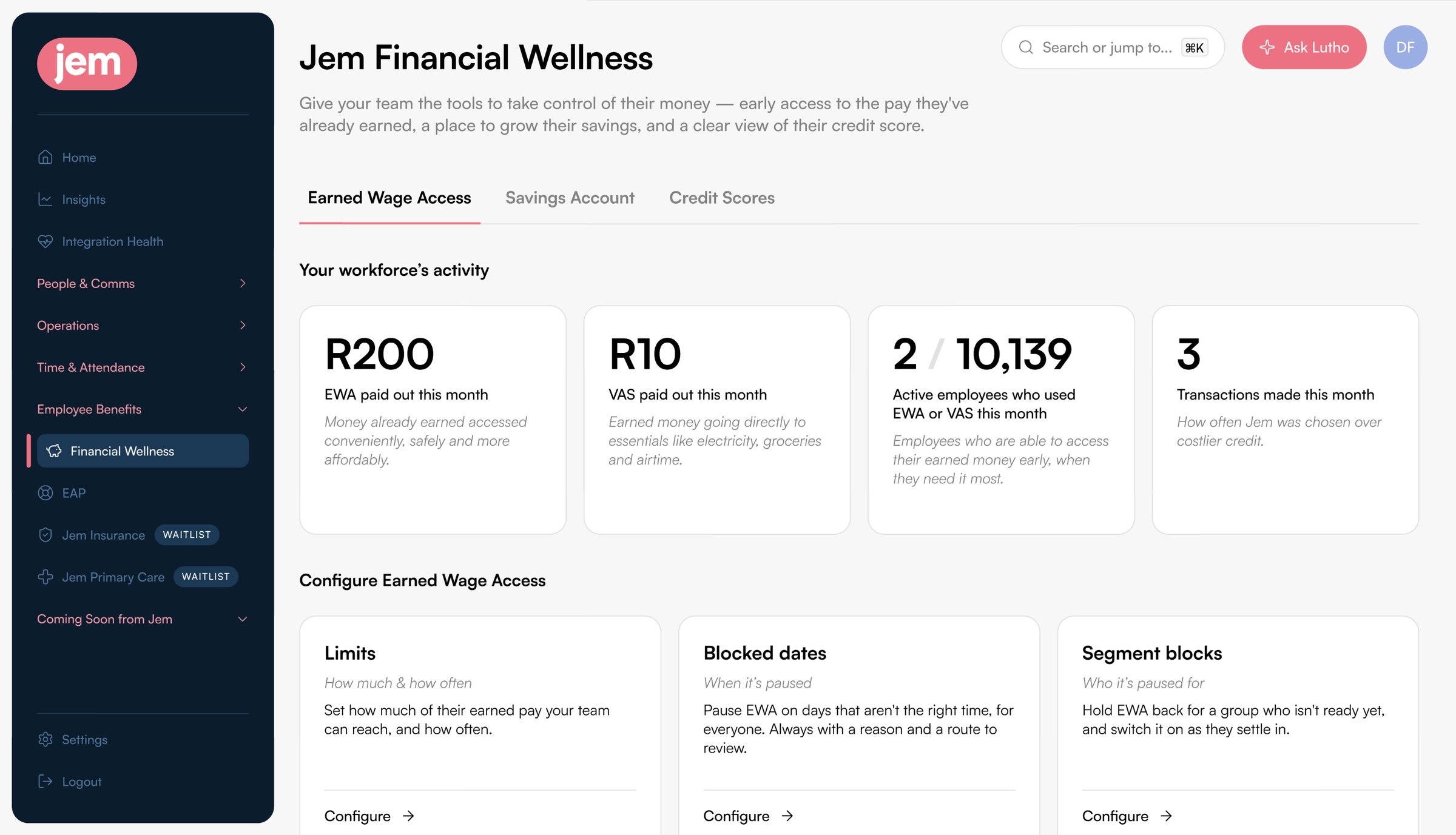 The Jem Hub dashboard showing employee financial wellness data