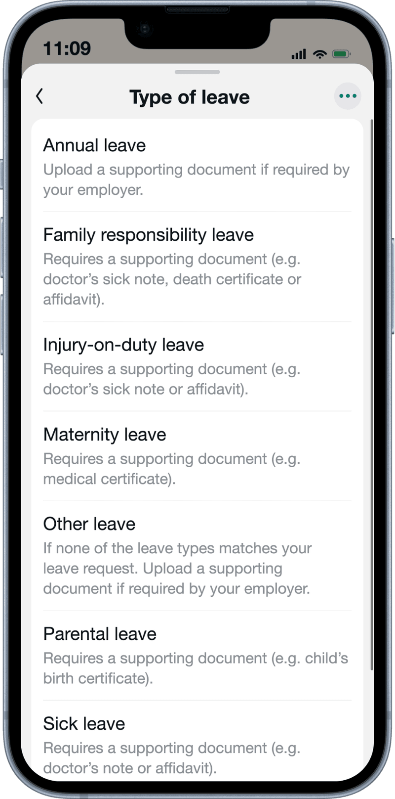 A leave request being made on WhatsApp with a sick note attached, and a manager approving it on their own phone - the two ends of the same request