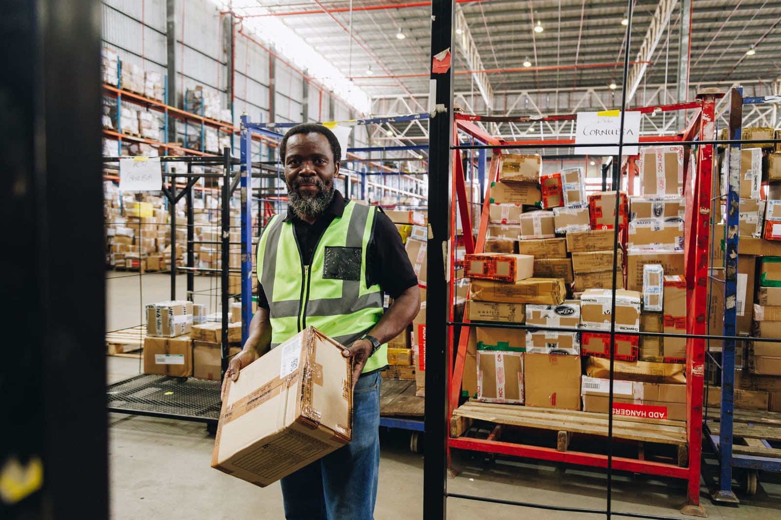 A smiling warehouse worker in a hi-vis vest carrying a cardboard parcel through a distribution centre stacked with packages