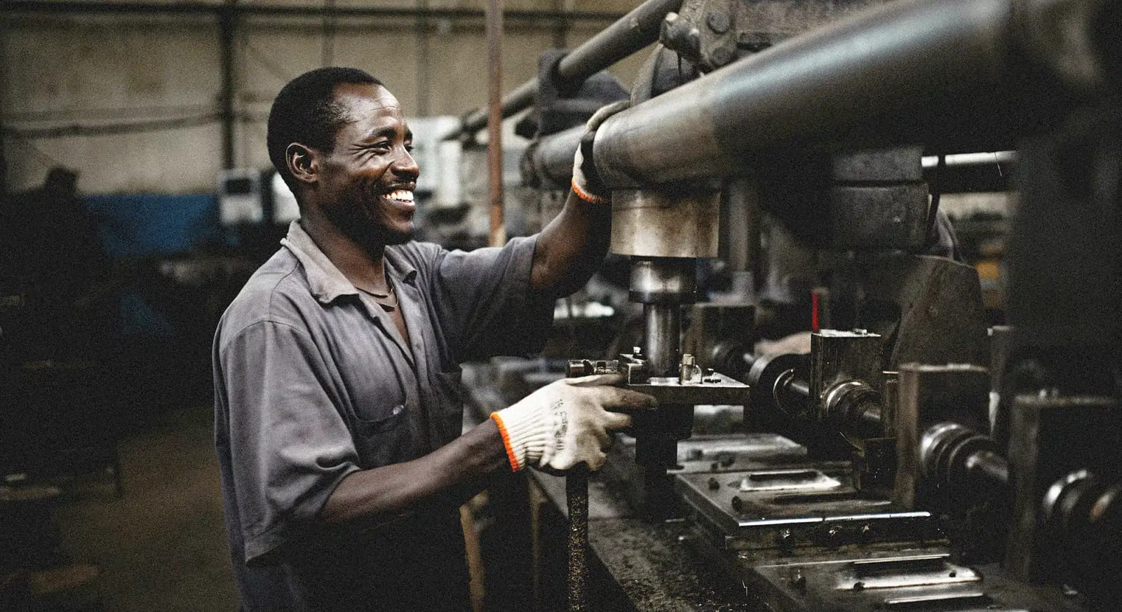 A machinist smiling beside a lathe in a workshop