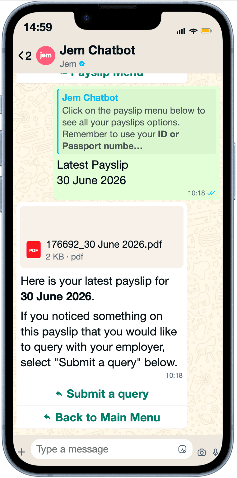 A phone showing the Jem Chatbot WhatsApp thread: the bot explaining the payslip menu, then the latest payslip for 30 June 2026 delivered as a PDF attachment, with buttons to submit a query or go back to the main menu
