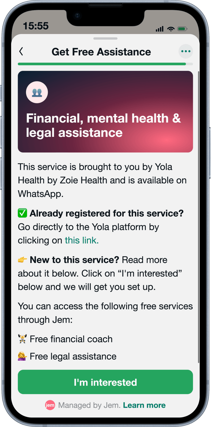 The Jem chat on a phone, showing free financial, mental health and legal assistance provided through Yola Health by Zoie Health, with an I'm interested button