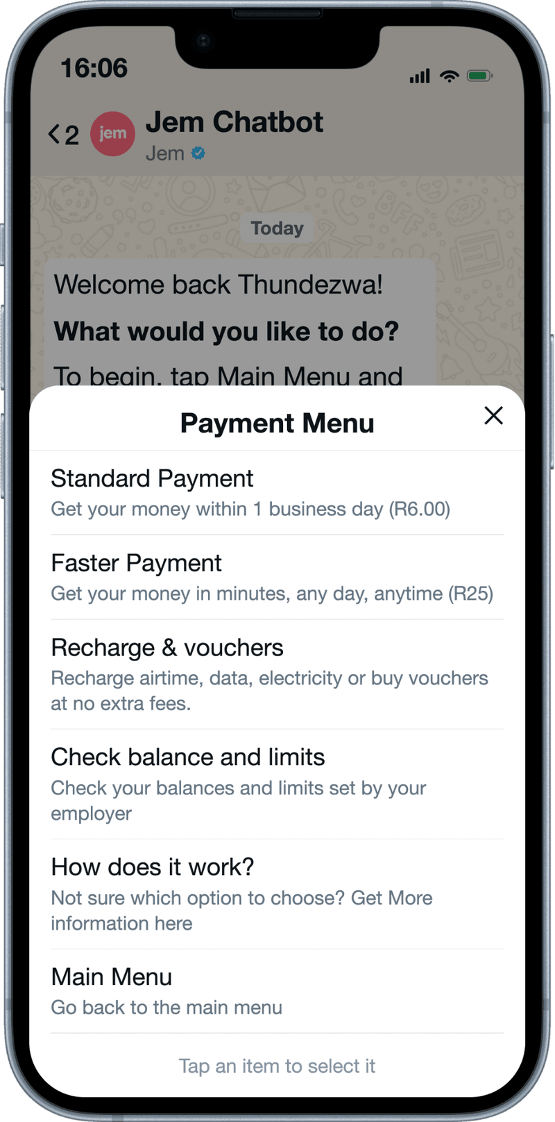 The Jem chat on a phone, showing the payment menu: a standard payment within one business day, a faster payment in minutes, recharges and vouchers, and a check of balances and the limits an employer has set