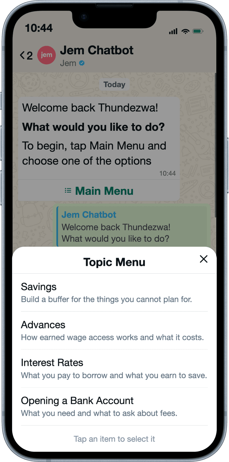 The Jem chat on a phone, showing a menu of financial education topics: savings, advances, interest rates and opening a bank account