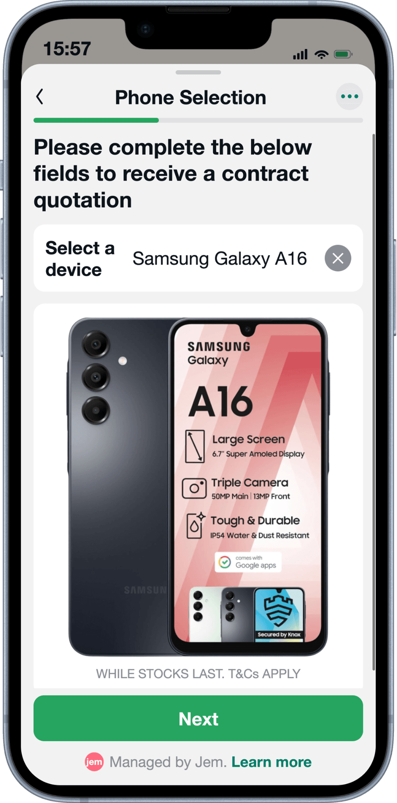 The Jem WhatsApp chat on a phone, showing a handset being chosen for a payroll contract quote - a Samsung Galaxy A16 selected from the device list