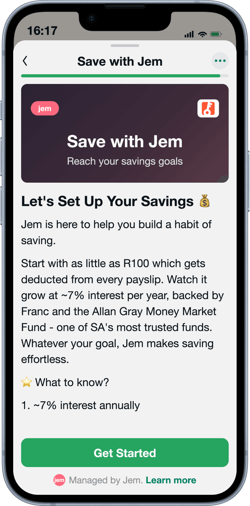 The Jem chat on a phone, showing the Save with Jem screen: setting up savings deducted from every payslip, held in a money market fund, with a Get Started button