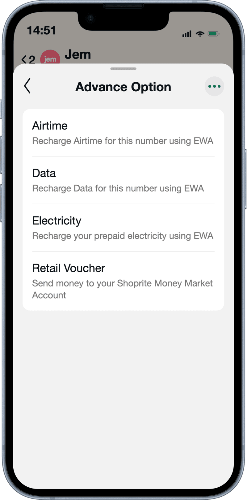 The Jem chat on a phone, showing the advance options: airtime, data and prepaid electricity recharges and a retail voucher, each paid for out of earned wages