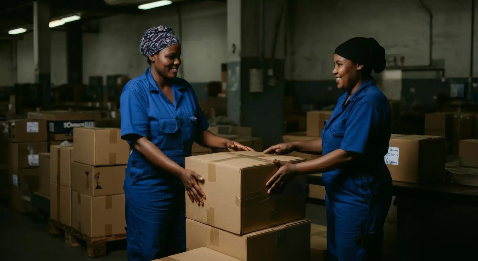 Two warehouse workers in blue overalls passing a cardboard box between them