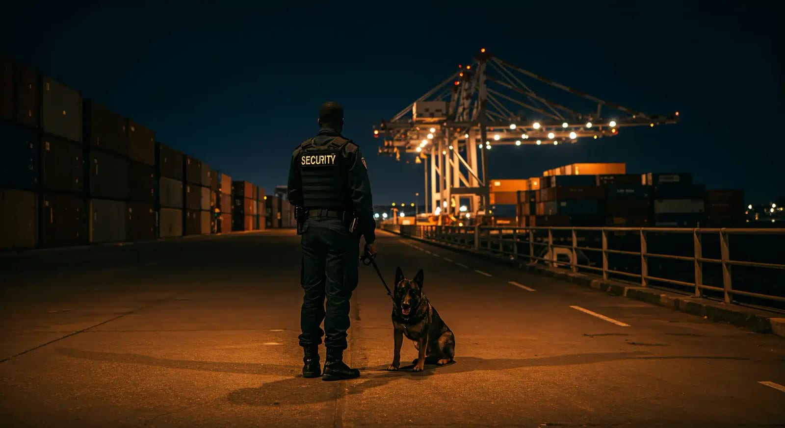 A security guard with a dog on patrol at a container terminal at night