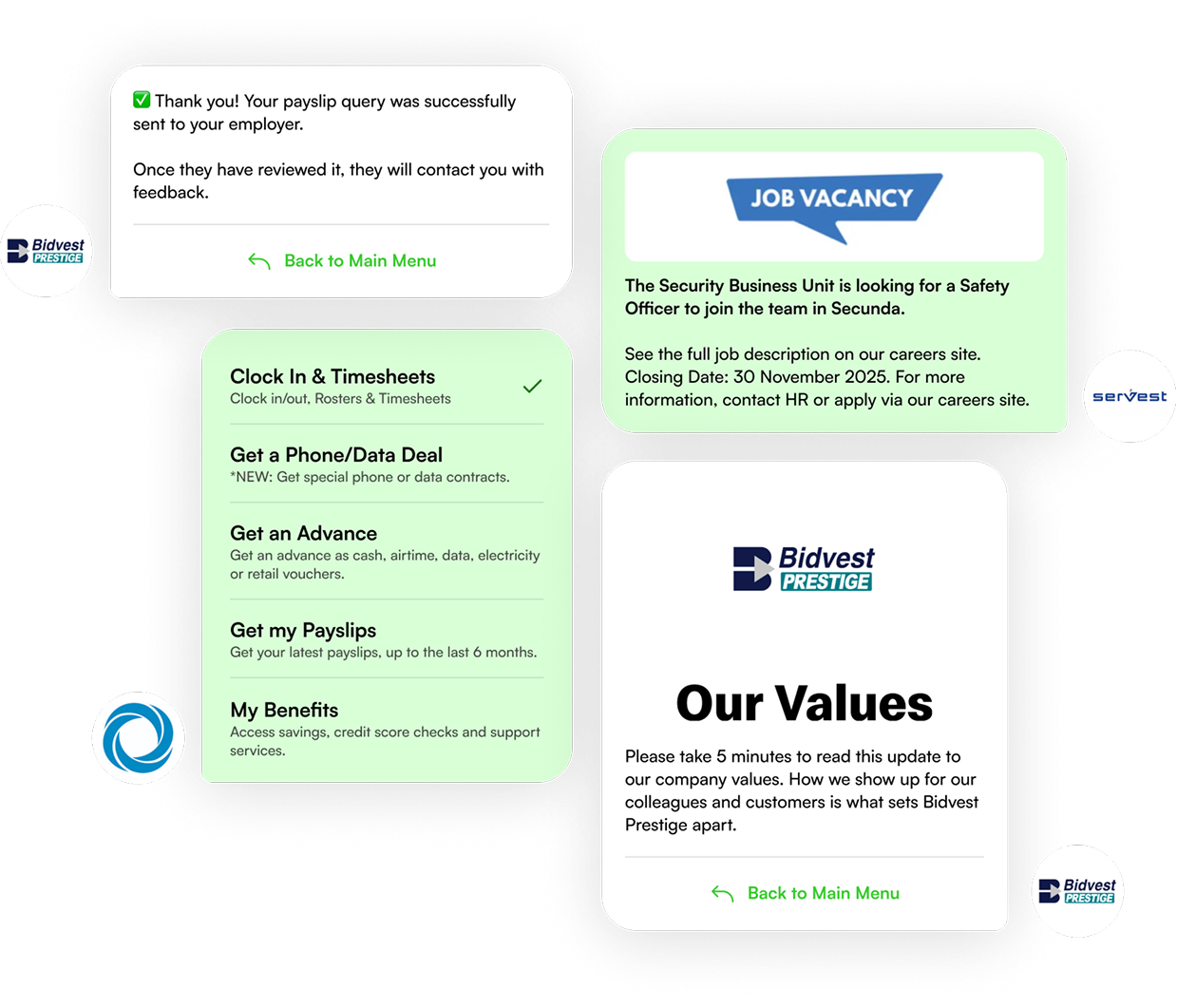Four white-labelled WhatsApp messages - a payslip query reply, a job vacancy, a main menu and a company values update - each carrying a different client's own branding: Bidvest Prestige, Servest and another enterprise logo
