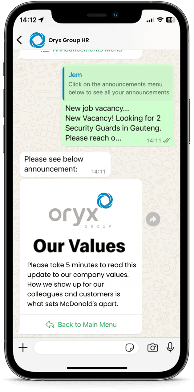 A WhatsApp chat headed "Oryx Group HR" with the Oryx logo in place of Jem's, an announcement about a new vacancy sent under that branding